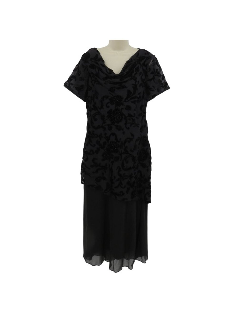 Eva Blue Women 16 Black Floral Beaded Velvet Short Sleeve Dress Y2K 2003 NEW